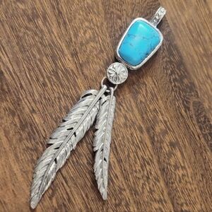 Southwestern Silver Tone Faux Turquoise Double Feather Necklace Pendant